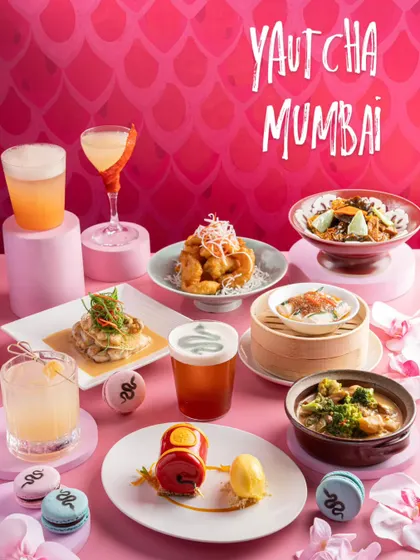 A full menu spread for Yautcha Mumbai, set against a vibrant pink backdrop. This image showcases the breadth of their offerings, from dim sum and main courses to desserts and cocktails.