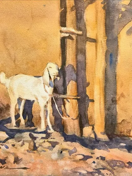 A small watercolour sketch of a goat in a village setting. This piece captures a simple, rustic moment of rural life.