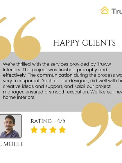 Mr. Mohit gives a 4-star rating, appreciating the transparent communication and the creative ideas from the designer that led to a smooth execution and beautiful new home interiors.