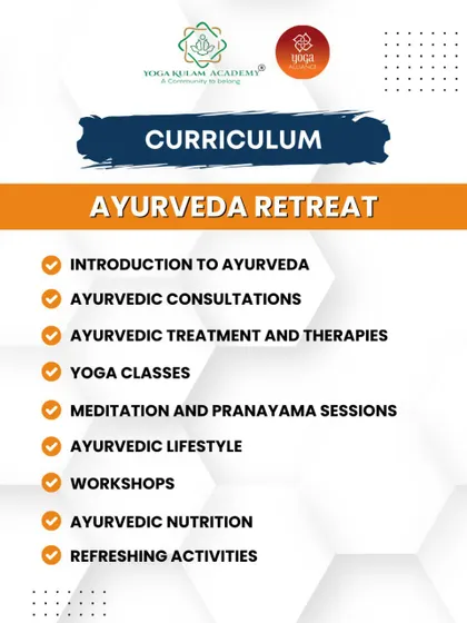 A detailed look at the curriculum for our Ayurveda Retreat. This graphic outlines the journey, from an introduction to Ayurveda and consultations to treatments, workshops, and nutrition.