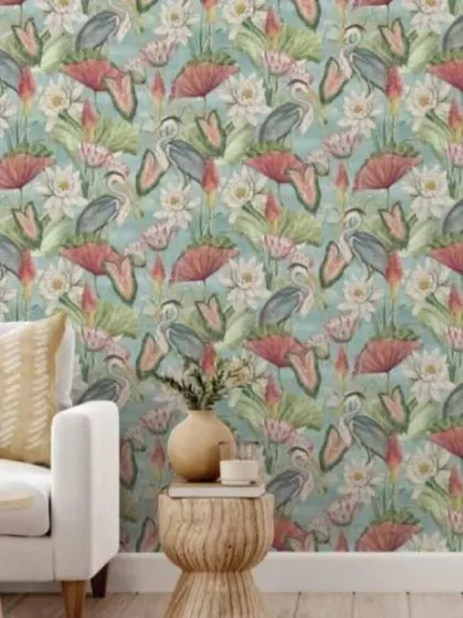 The same heron and water lily design in a vibrant aqua colorway. This version feels more lively and tropical, perfect for making a statement.