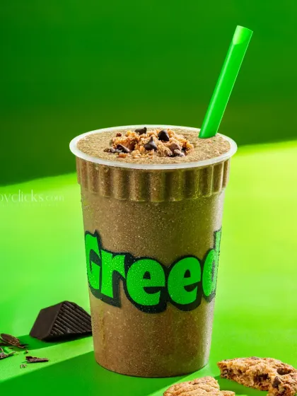A chocolate chip cookie shake, garnished with cookie crumbles, from Greed Coffee.