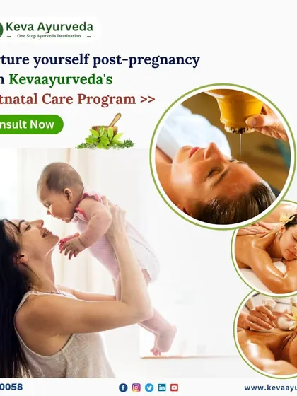 The postnatal period is crucial for a new mother's recovery. My postnatal care program, featuring therapies like the one shown, helps reduce Vata dosha, relieve body pain, improve breastfeeding, and tone the body back into shape.