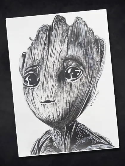 A detailed pen and ink portrait of Baby Groot, showcasing skills in texture and line work. We encourage students to draw subjects they are passionate about.