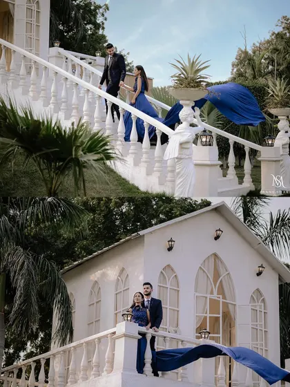 A collage showcasing the grandeur of the pre-wedding location, with its white staircases and European-style architecture.