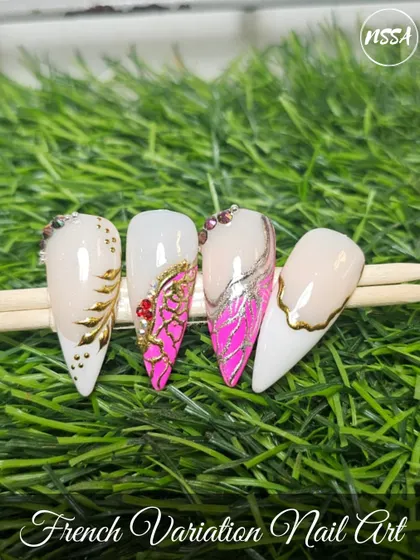 This set shows how you can get creative with a French manicure. It includes variations with gold leaf, bold pink with silver foil, and delicate gem placements.