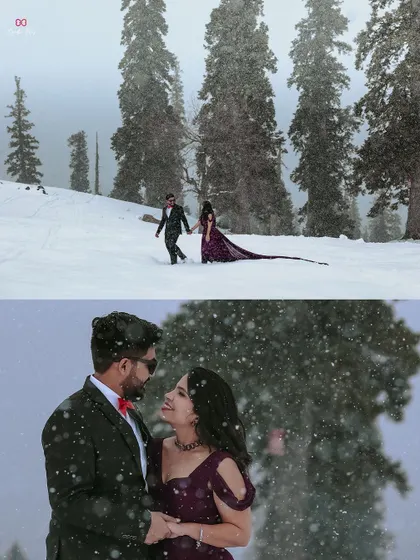A collage of pre-wedding moments in the snow, capturing the couple walking hand-in-hand and sharing a romantic look amidst the falling snow in Kashmir.