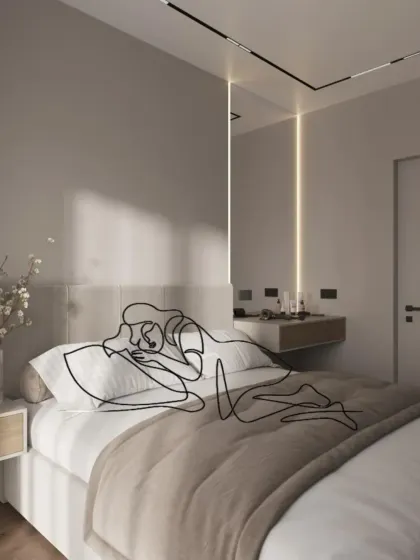 We design spaces that support your lifestyle. This serene bedroom is the perfect place to rest and recharge, with a calm color palette and soft, indirect lighting.