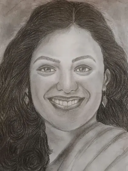A portrait created using a combination of pencil and charcoal to capture a warm, friendly smile. This piece demonstrates how to blend the two mediums to achieve both soft skin tones and sharp, defined details in the hair and eyes.
