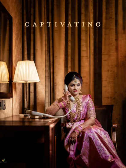 A captivating, poster-style bridal portrait, with the bride on the phone, creating a sense of story and intrigue.