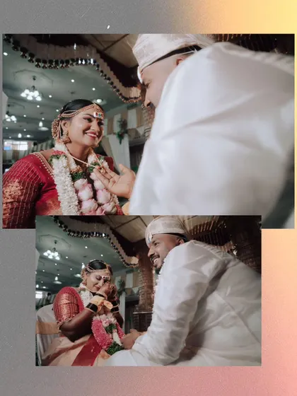 A collage capturing the playful and tender moments between the couple during their wedding ceremony.