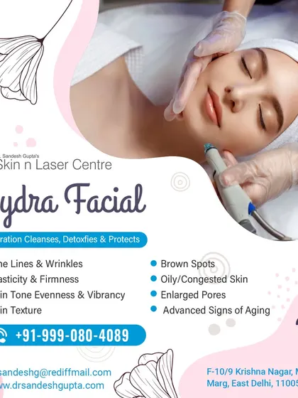 This graphic showcases the benefits of a Hydra Facial, which cleanses, detoxifies, and protects the skin. It is effective for fine lines, wrinkles, oily skin, brown spots, and enlarged pores.