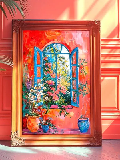 An example of a commissioned acrylic painting, "Blue Window." This piece uses a palette knife and brushes to create a vibrant, impressionistic scene overflowing with flowers.