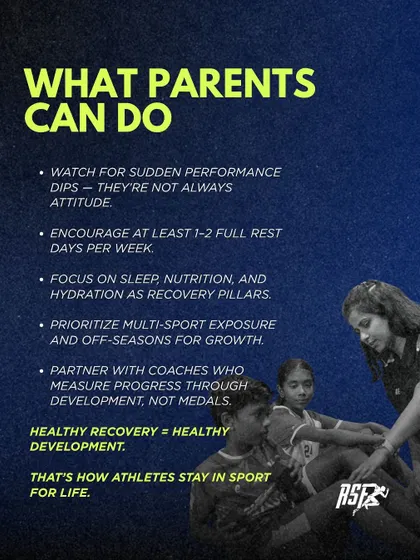 What can parents do to prevent overtraining? This graphic provides actionable advice, such as watching for performance dips, ensuring rest days, focusing on recovery pillars, and partnering with coaches who measure progress, not just medals.