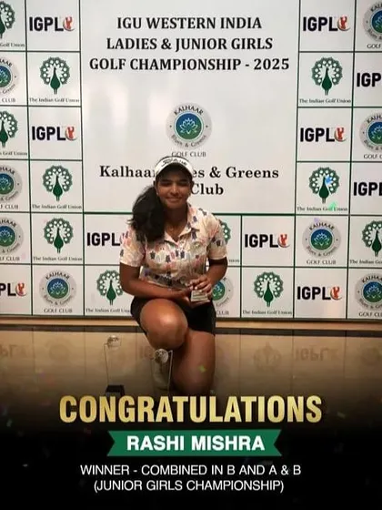A celebratory graphic announcing Rashi Mishra's dual victory at the Junior Girls Championship in Ahmedabad, highlighting her winning performance.