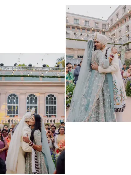 A diptych showing the emotional hugs exchanged between the couple after their Varmala.