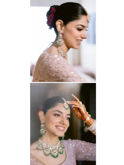 A two-part collage showing close-ups of the bride's happy expressions and her stunning jewelry.