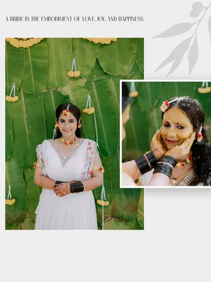 A collage of the bride during her Haldi, showing her posing against a banana leaf backdrop and a candid shot of her with turmeric paste.