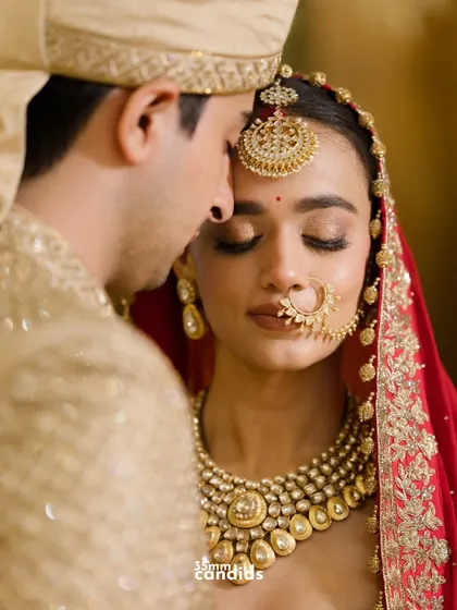 A quiet moment of blessing and love. The groom's forehead rests on the bride's, her stunning jewelry and serene expression creating a portrait of timeless grace.
