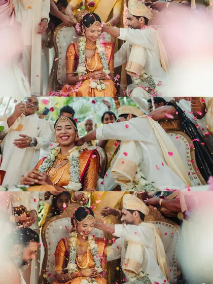 A collage capturing the beautiful 'jeerige bella' ritual from a South Indian wedding. The sequence of photos shows the couple's joyful expressions as they are showered with blessings and flower petals.
