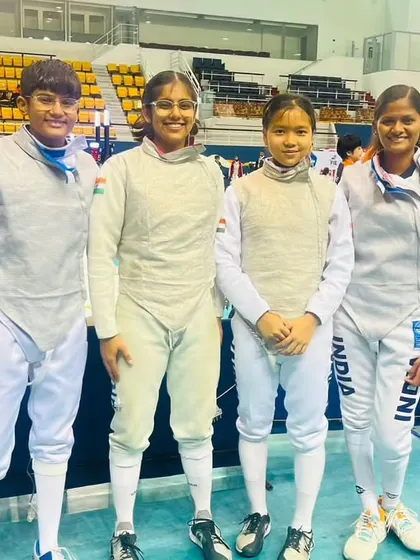 Our fencer Gayatri Gote, second from left, with the Indian team at the U-17 Cadet Asian Championship in Bahrain. It is a moment of immense pride to see our students wear the India colors.
