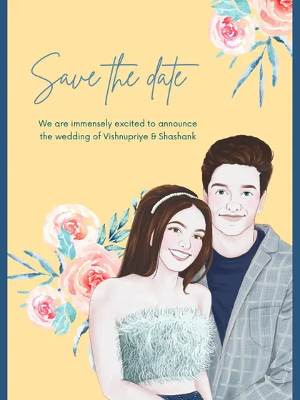 This is how a couple's portrait can be turned into a beautiful save-the-date card. I combined the illustration with floral watercolor elements and elegant typography.
