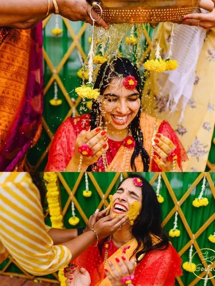 A collage capturing the bride's pure joy as she is showered with water and turmeric during her Haldi.