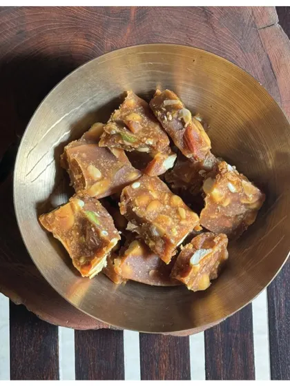 Masalewala Gud from Punjab, a jaggery-based treat that can be enjoyed with warm milk in winter or as a frozen Kulfi in summer.