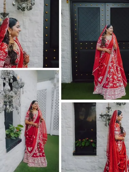 A collage of the bride in her red lehenga, posing in different spots around the beautiful venue.