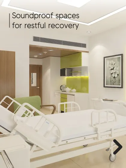 This soundproof patient recovery suite is an example of luxury wellness design. The space is designed to minimize sensory overload, with premium finishes and a kitchenette to provide a comfortable, home-like environment for healing.