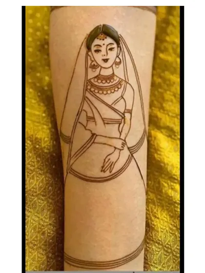 A simple yet elegant outline of a bride figure. This is the first step in creating a detailed portrait mehendi, showing the clean lines I start with.