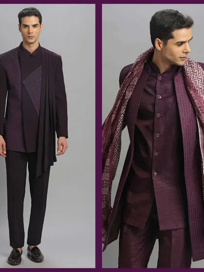 A burgundy Jodhpuri with an attached dupatta and a layered burgundy Indo-Western. Two modern, high-fashion looks.