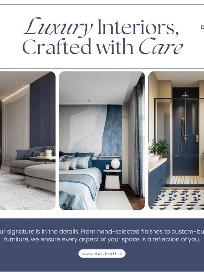 This graphic illustrates our commitment to crafting luxury interiors with care, showing how we apply a cohesive blue-toned palette across different rooms for a unified home design.