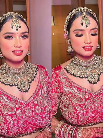 A bold and beautiful bridal look. The combination of a bright red lip, dramatic eyes, and traditional jewelry creates a stunning statement for the bride who wants to go all out.