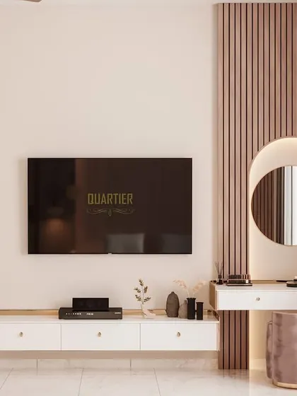 The TV unit and dressing area of the Scandinavian master bedroom. The design uses arches and fluted textures to create a cohesive and elegant look.