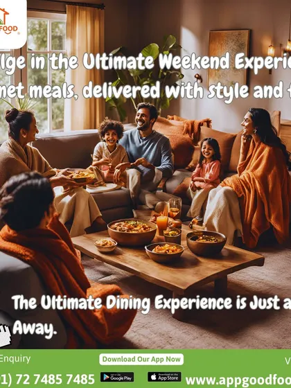 Indulge in the ultimate weekend experience. This image of a family enjoying a meal on the couch shows how we deliver gourmet meals with style and flavor.