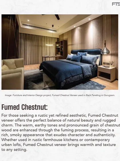 Fumed Chestnut veneer brings a rustic yet refined aesthetic to this bedroom's back paneling. The warm, earthy tones and pronounced grain of the wood create a cozy and authentic atmosphere.