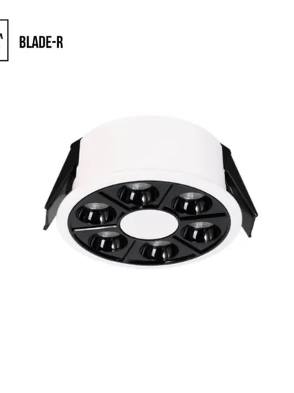 Another configuration of the modular Blade R fixture. This version features six recessed light sources arranged in a circle, providing a wide spread of comfortable, low-glare downlight.