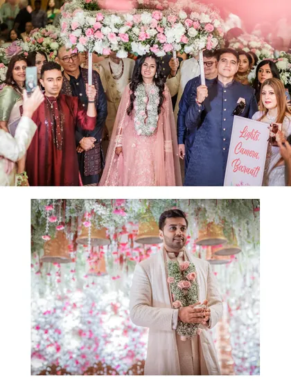 The bride's grand entrance under a 'phoolon ki chadar' and the groom's emotional wait at the mandap.