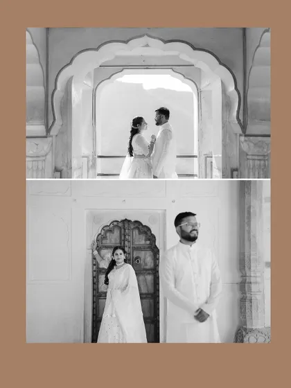 A black and white collage that highlights the timeless feel of a palace photoshoot. This artistic choice focuses on emotion, form, and the stunning architectural details.