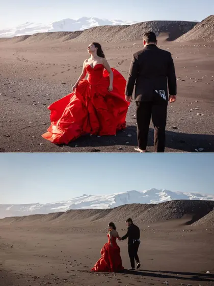 For another look, we chose this fiery red Gauri & Nainika gown. The bold color pops against the stark, beautiful landscape of Iceland's black sand beaches.