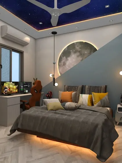 For this kid's room, I created a celestial theme with a moon accent on the wall and a starry sky ceiling to bring the magic of the night sky indoors.