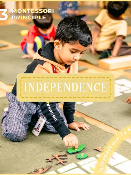 We encourage independence by allowing children to explore materials and assess their own progress. This child is working with a puzzle, developing self-sufficiency and motivation.