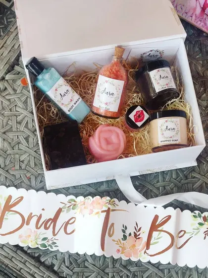 This 'Bride To Be' hamper is perfect for a bridal shower. It’s filled with a variety of my best products: peppermint body wash, strawberry bath salt, coffee scrub, citrus whipped soap, and two different kinds of handmade soaps.