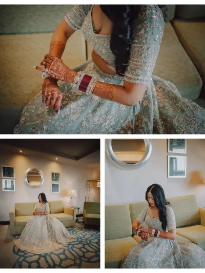 A collage showing the bride getting ready, putting on her bangles and posing in her elegant lehenga.