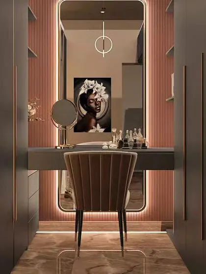 This walk-in closet and dressing area is the epitome of glamour and organization. The design features custom-built wardrobes with glass doors, a dedicated vanity with perfect lighting, and a rich, moody color scheme.