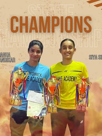 Anagha Karandikar and Siya Singh with their trophies after winning the Women's Doubles Gold at the Nandu Natekar Memorial State Championship.
