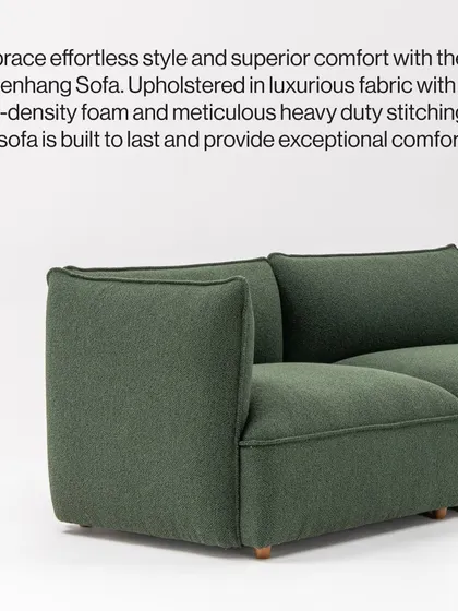 The Copenhang Sofa in a luxurious green fabric, showcasing its clean lines and superior comfort. Upholstered with high-density foam and meticulous stitching, this sofa is built to last and make a stylish statement.