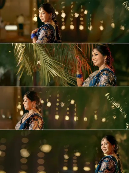 A multi-frame collage of the bride during her evening Mehendi function. The series of portraits captures her in different moods, from thoughtful to joyful, all beautifully lit.