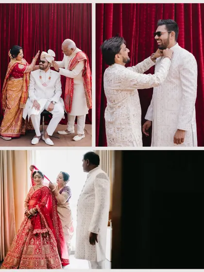 A collage of the bride and groom getting ready with their parents, capturing emotional and supportive family moments.